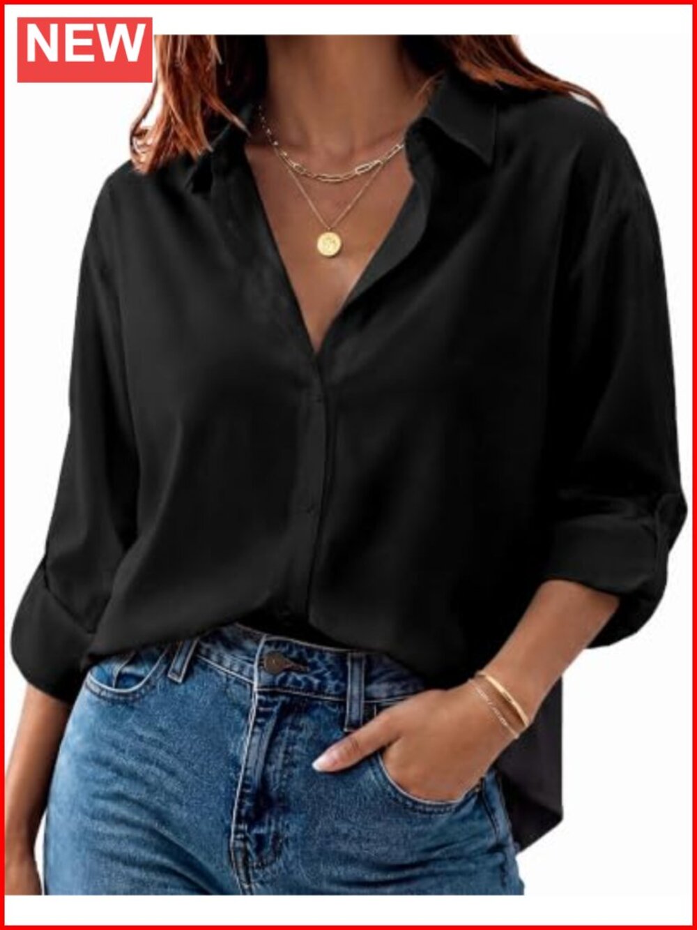 Womens Button Down Shirt Long Sleeve Snap Waist Business Casual Blouse